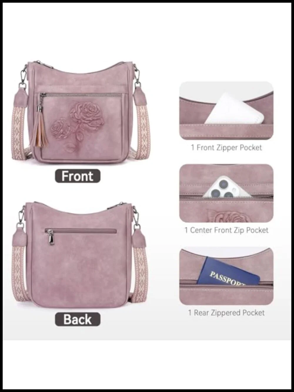 Vegan Leather Hobo Crossbody Bag Embossed Floral Shoulder Purse